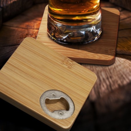 Bamboo Bottle Opener Coaster - Set Of 2 - Square Promotional Products