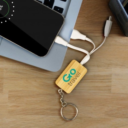 Bamboo Charging Cable Key Ring - Rectangle Promotional Products