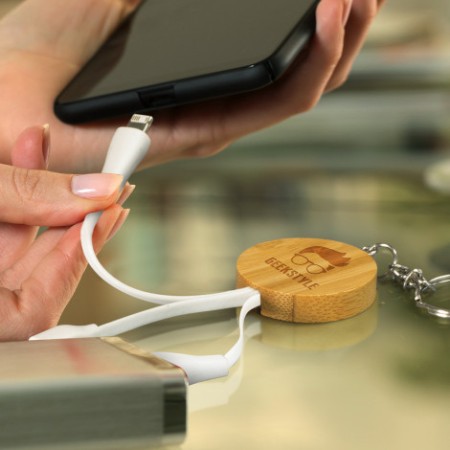 Bamboo Charging Cable Key Ring - Round Promotional Products