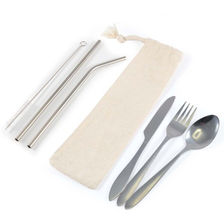 Banquet Stainless Steel Cutlery & Straw Set In Calico Pouch Promotional Products