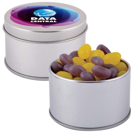 Corporate Colour Mini Jelly Beans In Silver Round Tin Promotional Products