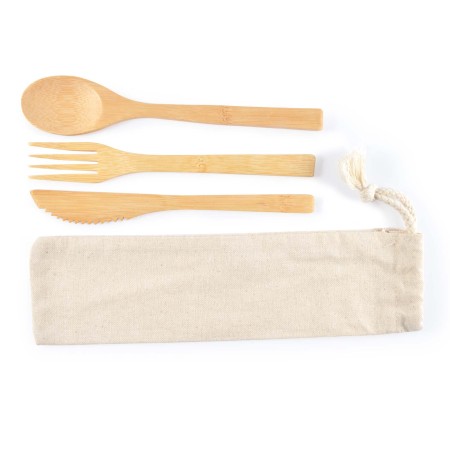 Miso Bamboo Cutlery Set In Calico Pouch Promotional Products