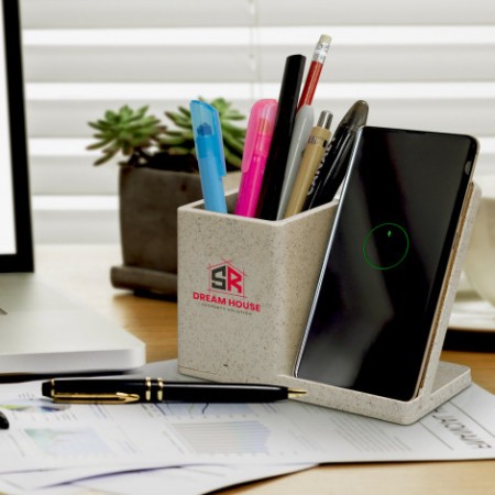 Natura Oaken Wireless Charger Desk Caddy Promotional Products