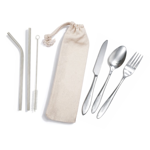 Banquet Stainless Steel Cutlery & Straw Set in Calico Pouch