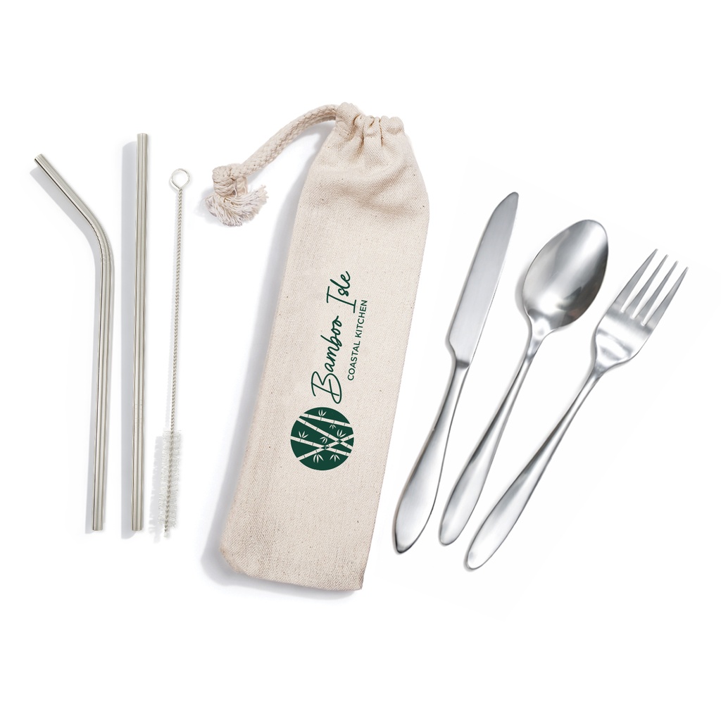 [LL8800] Banquet Stainless Steel Cutlery & Straw Set in Calico Pouch
