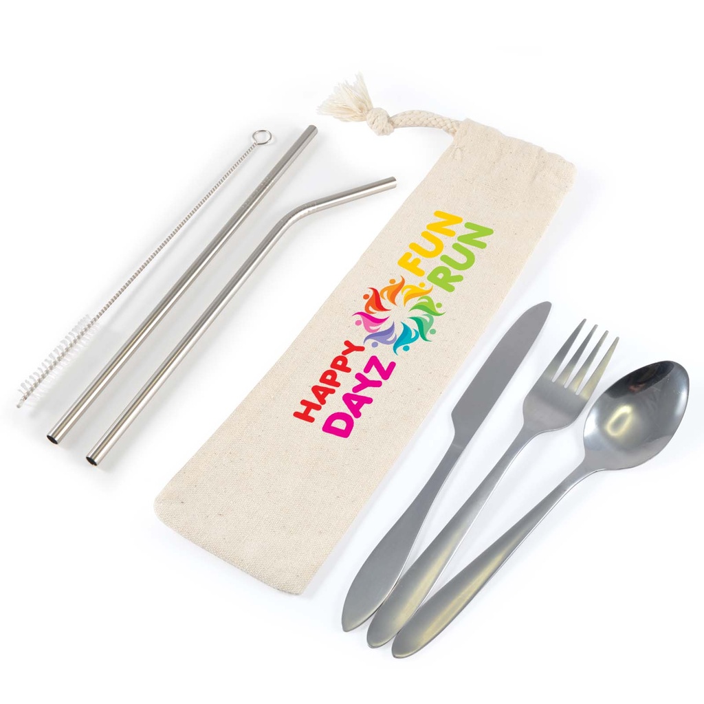 [LL8800] Banquet Stainless Steel Cutlery & Straw Set in Calico Pouch