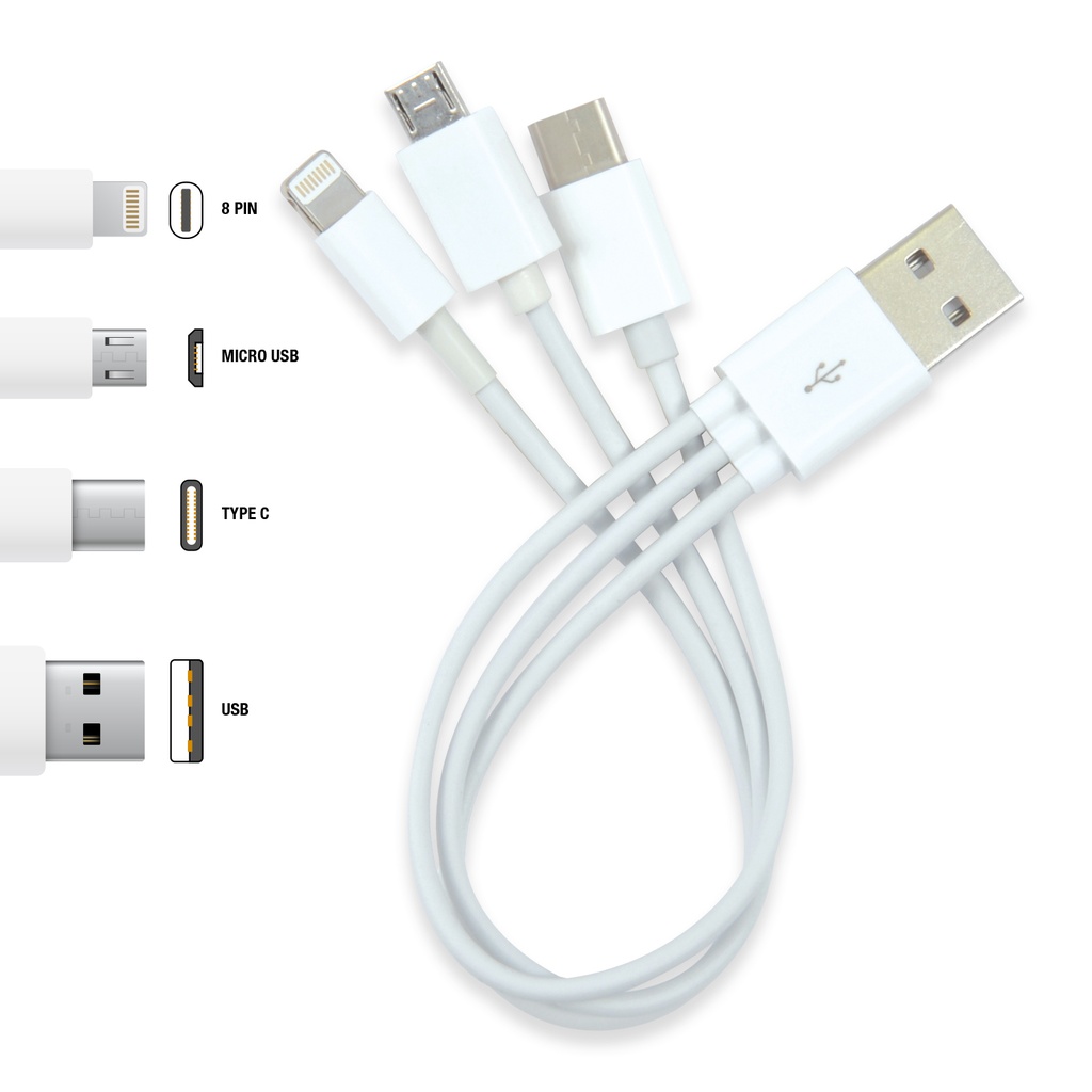 [LL9091-White-Standard] 3 in 1 Combo USB Cable - Micro, 8 Pin, Type C