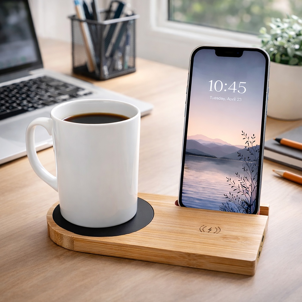 [LN9002-Bamboo-Laser Engraved] Cup Warmer with Inductive Charger
